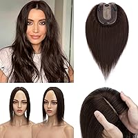 Hair Toppers, 100% Human Hair Toppers for Women Real Human Hair,3.9 * 4.7in 130% Density Silk Base Human Hair Toppers for Women 16 inch #2 Dark Brown