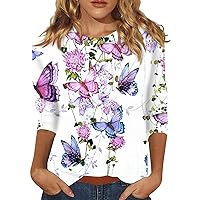 Summer Cute Tunic T-Shirt for Women 2024 Three Quarter Sleeve Camping Print Boxy Fit Blouses Crewneck Soft Tops