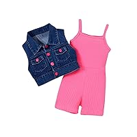 Girls 2 Piece Outfits Sleeveless Collar Neck Button Front Jackets and Cami Romper Set