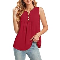ALIGADUO Summer Womens Sleeveless Casual Loose V Neck Tank Tops Basic Pleated Tunic With Button