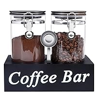 2PCS Glass Coffee Containers with Shelf 54oz Coffee Station Organizer Glass Coffee Bean Storage with Spoon Coffee Canister Set Jars with Airtight Locking Clamp for Coffee Bean Ground Nuts