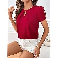 Women's Shirts Women's Tops Shirts for Women Keyhole Neck Split Sleeve Blouse (Color : Red, Size : Medium)