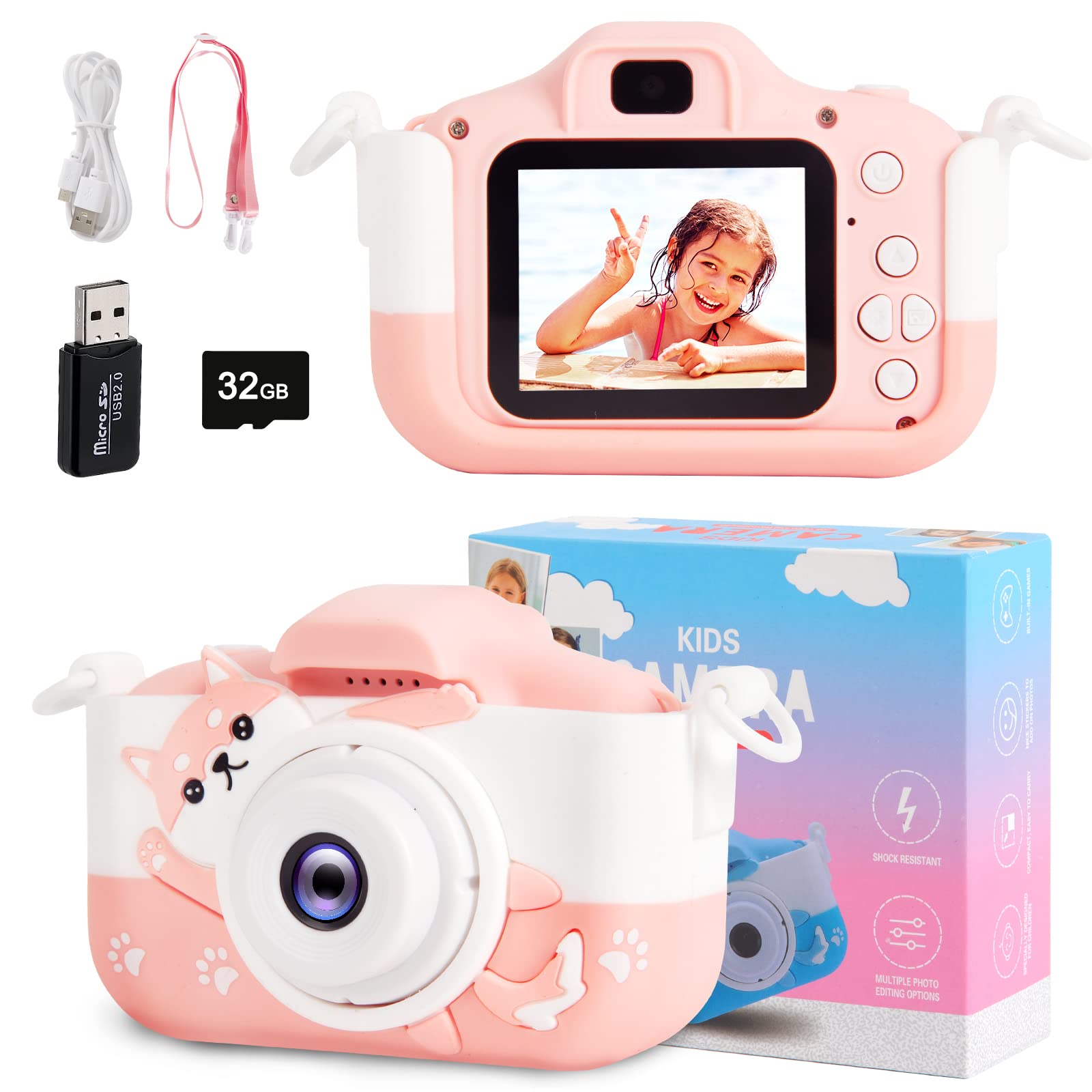 OMOTIYA Kids Camera, 1080P HD Digital Video Camcorder Camera/Upgrade Selfie Camera with Dog Soft Silicone Cover, for Boys/Girls Age 3-12, Birthday Gifts with 32GB TF Card Pink