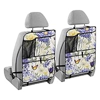 Butterflies Yellow Purple Flower Kick Mats Back Seat Protector Car Back Seat Cover for Kids Backseat Organizer with Pocket Protect from Scratches Mud Dirt, 2 Pack, Car Accessories