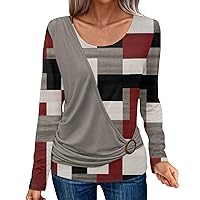 Womens Long Sleeve Shirts Fake Two-Piece Stacked Printed Pullover Casual Blouse Lightweight Tops Stretchy Shirts