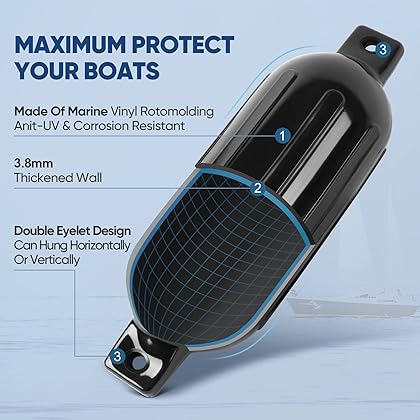 Dreizack Boat Fenders 4 Pack, Boat Bumpers for Docking with 4 Ropes, Inflatable Ribbed Marine Pontoon Boat Fender Bumper for Docks with 1 Storage Bag, 1 Air Pump and 4 Needles