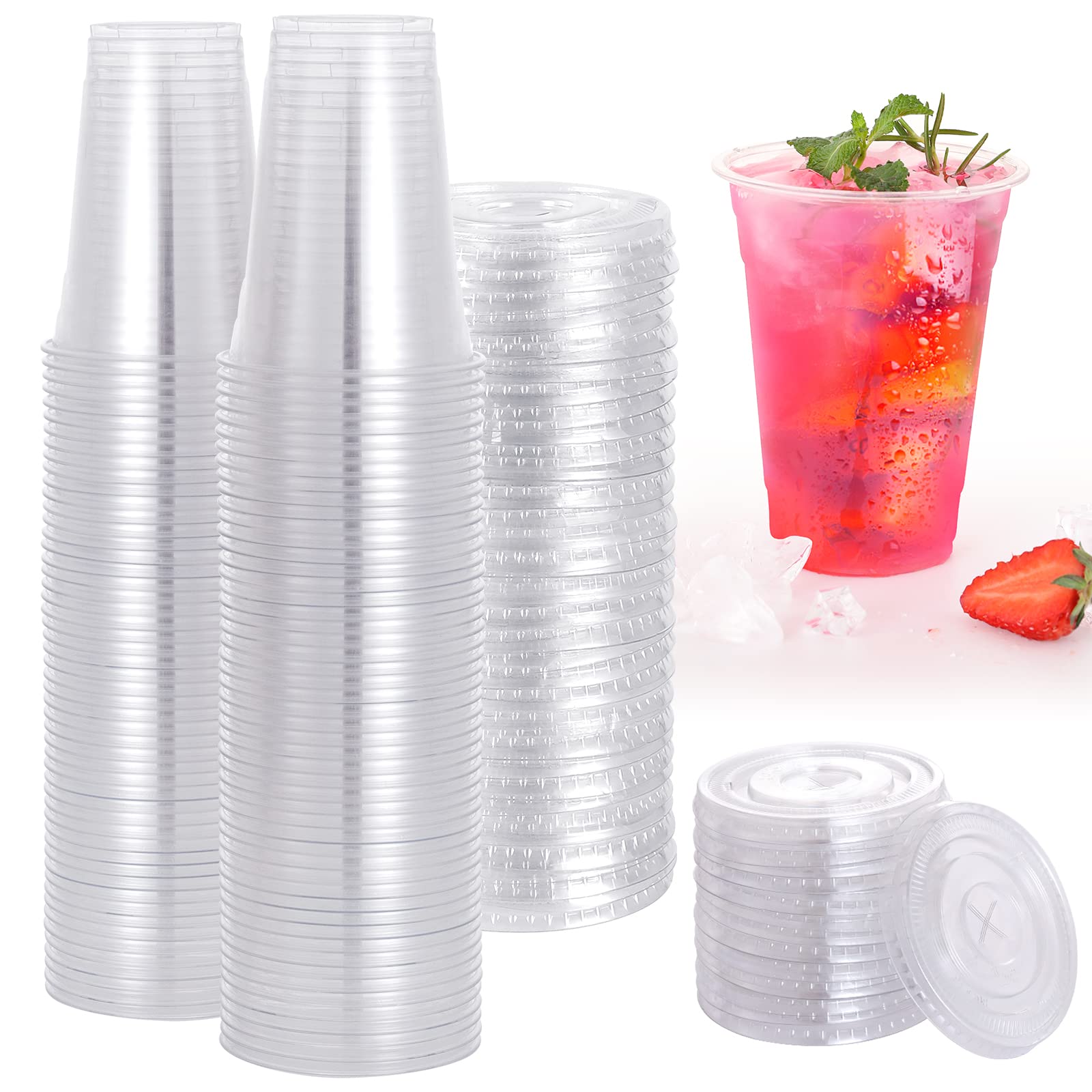 TashiBox plastic cups with lids [20 oz 100cups&100flat lids],Clear Crystal disposable plastic cups,smoothie cups