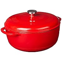 Lodge 7.5 Quart Enameled Cast Iron Dutch Oven with Lid – Dual Handles – Oven Safe up to 500° F or on Stovetop - Use to Marinate, Cook, Bake, Refrigerate and Serve – Solid Red