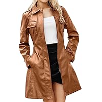 YZHM Womens Faux Leather Jackets Zip Up Trench Coats Fall Winter Midi Length Jacket Belted Fashion Outwear Motorcycle Jackets
