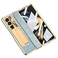 Case for Samsung Galaxy Z Fold 5 Full Body Protection Electroplated Bling Cover with Tempered Glass Screen and Hidden Stand (Blue,Z Fold 5)