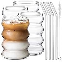 4 Pcs Drinking Glasses with Glass Straw 14oz Glassware Set,Cocktail Glasses,Iced Coffee Glasses,Beer Glasses,Ideal for Water,Soda,Tea,Gift - with Cleaning Brushe