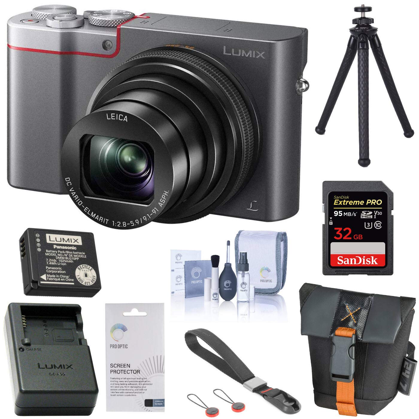 Panasonic LUMIX ZS100 4K Digital Camera, 20.1 Megapixel, 10X Zoom DMC-ZS100S (Silver), Battery, Charger, Bag, Peak Design Wrist Strap, FotoPro UFO 2 Tripod, 32GB SD Card, Cleaning Kit, LCD Protector