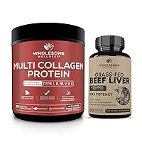 Wholesome Wellness Multi Collagen Protein Powder Hydrolyzed (Type I II III V X) + Grass Fed Desiccated Beef Liver Capsules (180 Pills, 750mg Each) - Natural Iron, Vitamin A, B12 for Energy Bundle