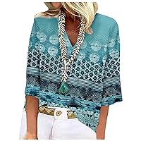 Women Summer 2024 Casual Loose Shirts 3/4 Sleeve Print V Neck Tops Print Summer Vacation Tops for Women