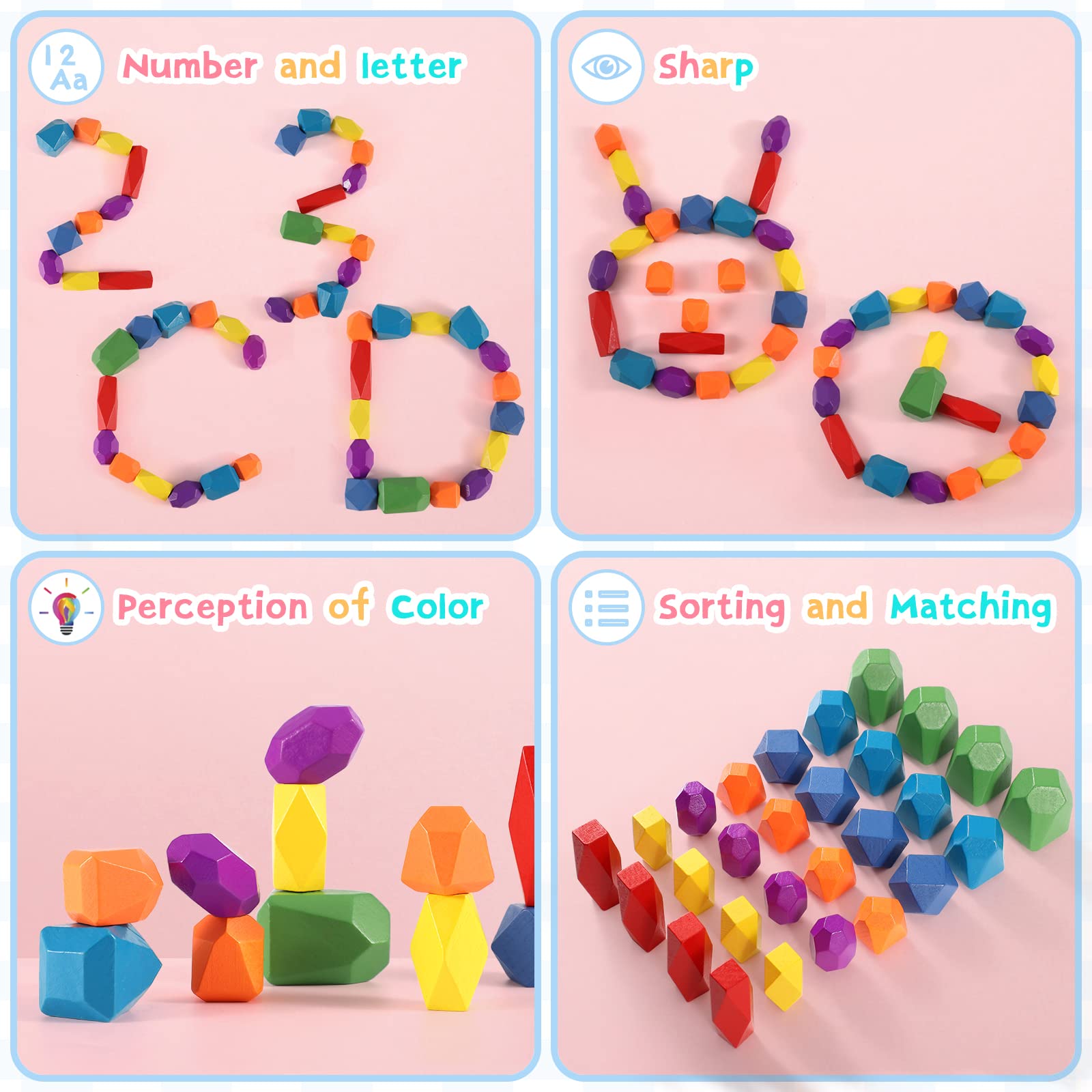 44PCS Sensory Toddler Wooden Stacking Rocks Toys for Boys & Girls Ages 3+ Year Old Building Blocks Montessori Preschool Educational STEM Toys for Kids Birthday Gifts Safe Creativity Rainbow Stones