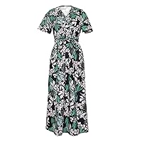 Women's Summer Dresses Ladies Dress Womens Dress Casual Fashion Split V Neck Short Sleeve Printed Dress(Green,X-Large)