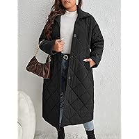 Winter Coat Plus Slant Pockets Drop Shoulder Argyle Quilted Coat (Color : Black, Size : X-Large)