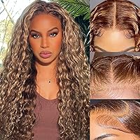 Honey Highlight Water Wave Wig 13x4 HD Transparent Lace Front Human Hair Wig Highlight Brown Blonde Wig with Balayage 12A Brazilian Blonde Wig with Baby Hair 180% Density 22 inch