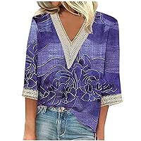 Women's Dressy Tops Summer Shirt Blouses Casual Loose 3/4 Sleeve Lace Trims Tree Print V Neck Tops Tops Shirts Tee