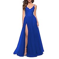 Backless V Neck Tulle Prom Dresses Long A Line Lace Appliques Ball Gown with Split Spaghetti Straps Formal Gowns Women