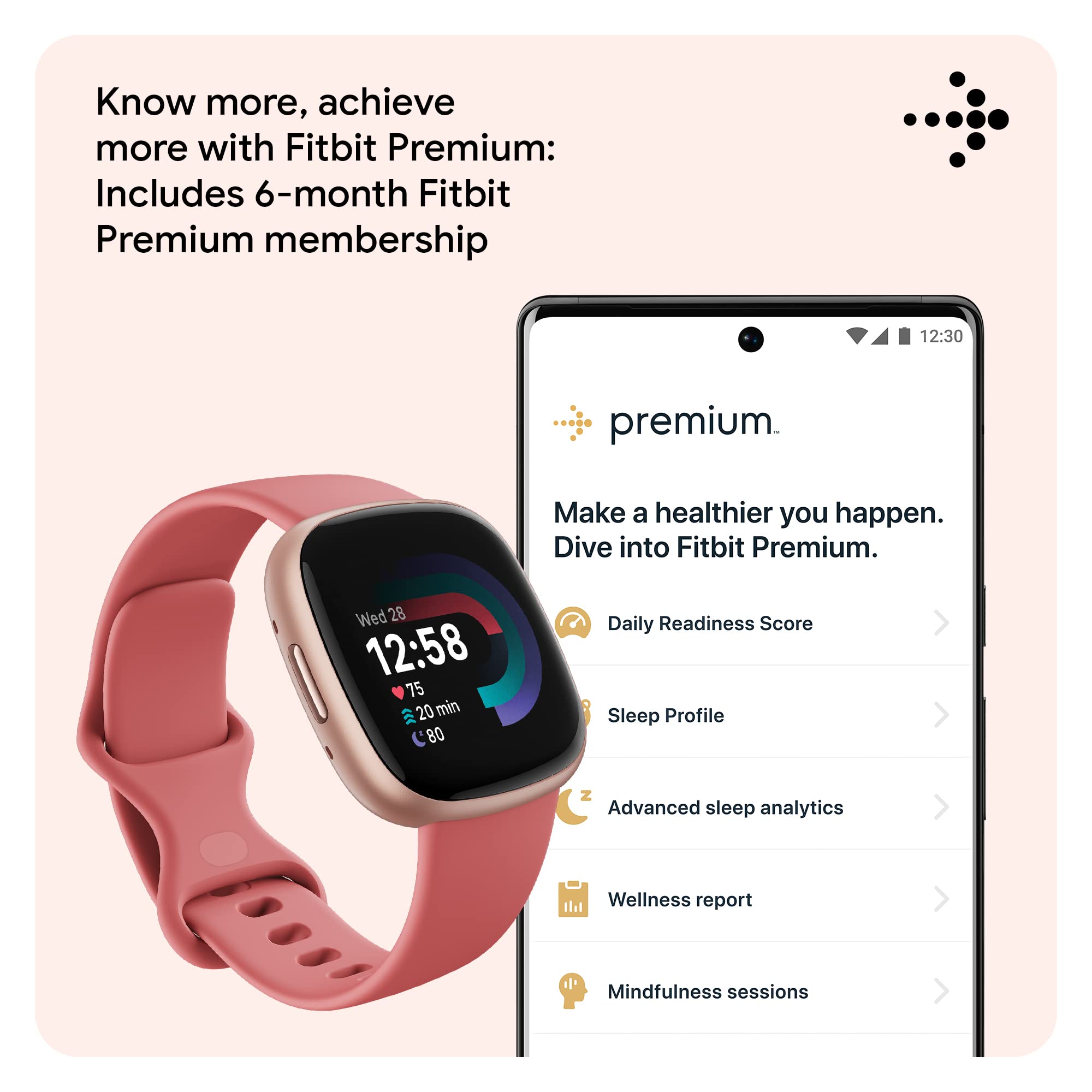 Fitbit Versa 4 Fitness Smartwatch with Daily Readiness, GPS, 24/7 Heart Rate, 40+ Exercise Modes, Sleep Tracking and more, Pink Sand/Copper Rose, One Size (S & L Bands Included)