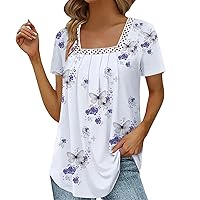 Women's Plus Size Tops Summer Butterfly Print Top Lace Short Sleeve Casual Square Neck T-Shirt Tops, S-3XL