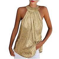 Women Vest Summer Sexy Solid Color Sequined Sleeveless Shirt Loose Casual Halter Neck Tank Tops