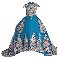 High Neck Flower Girl Dresses Lace Applique Hi Lo Pageant Ball Gown for Wedding