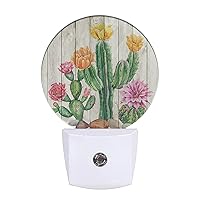 Cactus Night Light Tropical Cacti Desert Green Plant with Flowers on Wooden Blank Night Lights Plug into Wall Auto on/Off LED Lamp for Home Hallway Stairway Kitchen