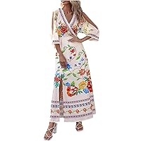 Women Ethnic Style Cold Shoulder 3/4 Sleeve Midi Dress Wrap V-Neck Split Hem Boho Floral High Waist A-Line Dresses