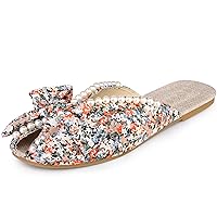 Perphy Floral Printed Peep Toe Slip on Pearl Flat Shoes Slides Mules for Women