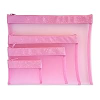 Multi Purpose 4 Piece Mesh Bag Set for Travel, Office Supplies, Cosmetic, Paper, Bill and Credit Card Bag (Pink)