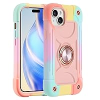 MARKILL Compatible with iPhone 15 Plus Case 6.7 Inch with Rotate Ring Stand, Military Grade Drop Protection Full Body Rugged Heavy Duty Protective Cover for iPhone 15 Plus. (Rainbow Pink)