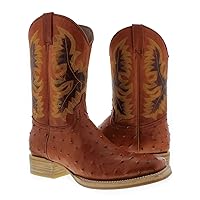 El Presidente Mens Cognac Leather Cowboy Boots Ostrich Quill Print Botas Vaquero