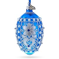 Pearls on Blue Glass Egg Ornament 4 Inches