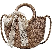 Beach Bag Straw Bag Handwoven Straw Bag, Straw Bag, Handmade Half Round Rattan Woven Straw Bag Summer Shoulder Bag Women Messenger Crossbody Bag Girls Small Beach Handbag Bag (Color : Khaki Ribbon)