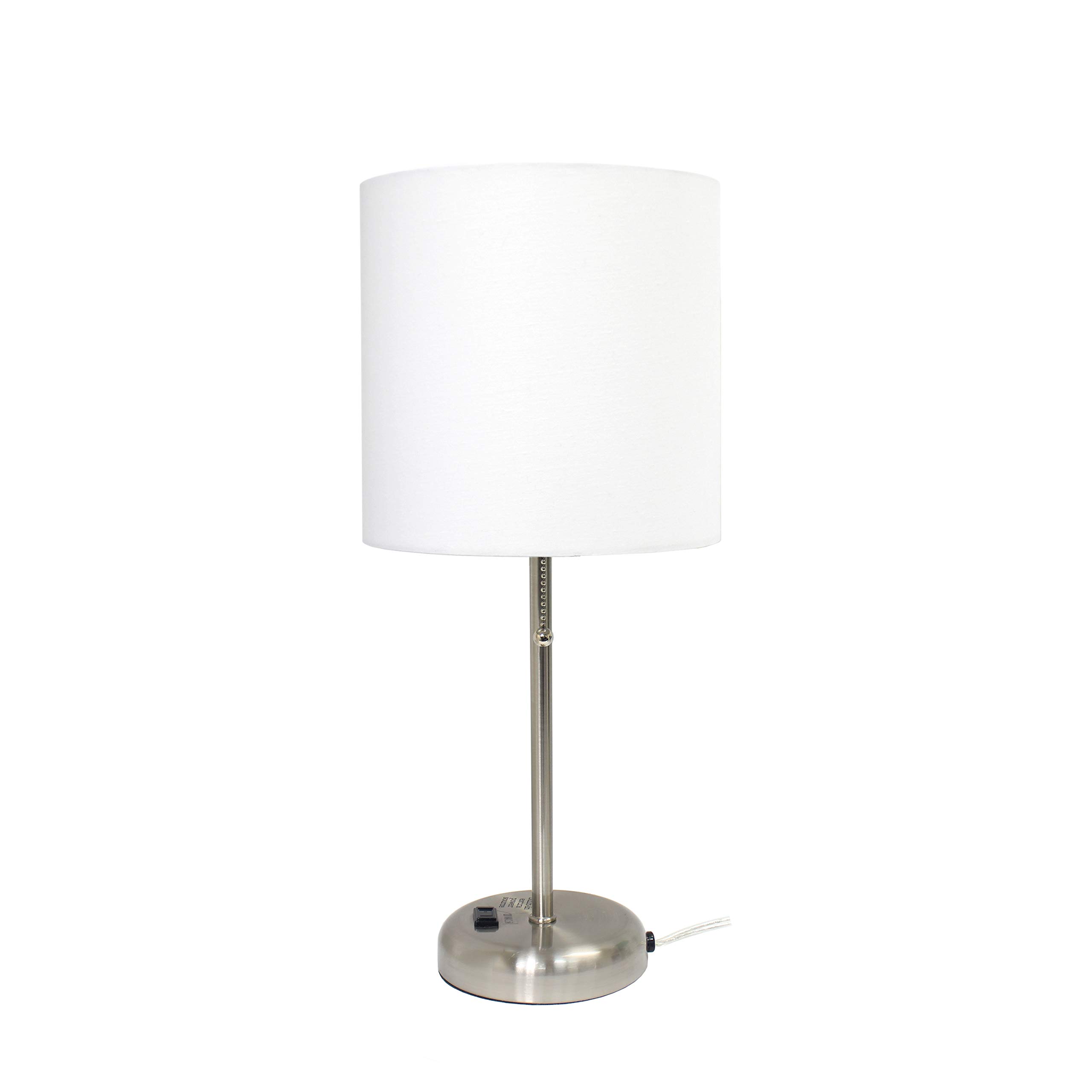 Limelights LT2024-WHT Brushed Steel Stick Table Desk Lamp with Charging Outlet and Drum Fabric Shade, White