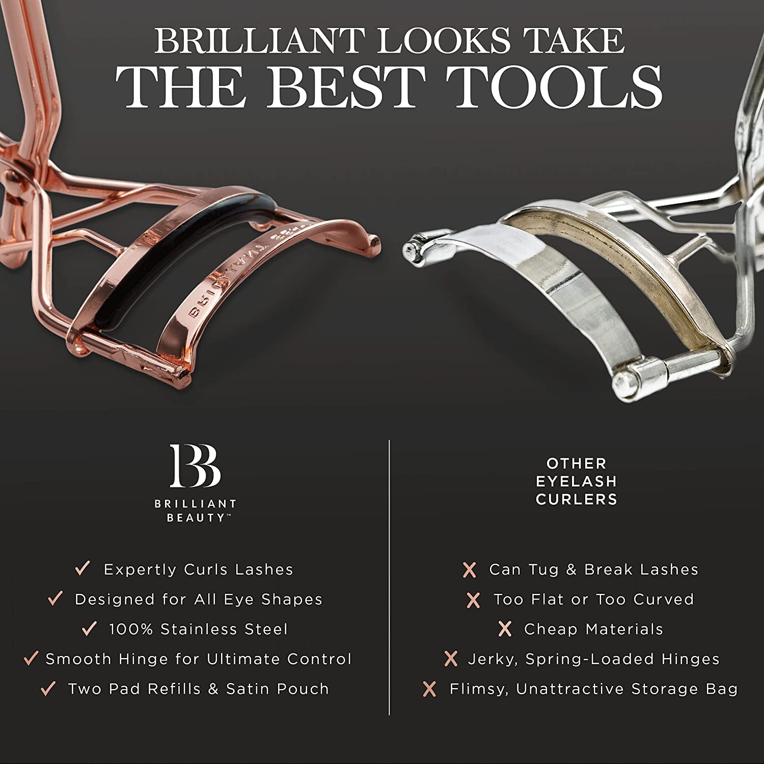 Brilliant Beauty Eyelash Curler with Satin Bag & Refill Pads - Award Winning - No Pinching, Just Dramatically Curled Eyelashes for a Lash Lift in Seconds (Rose Gold)