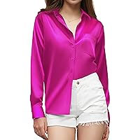 Women's Button Down Shirts Satin Long Sleeve Casual Business Silk Tops with Pocket