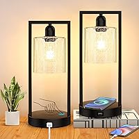 Wireless Charging Touch Control Table Lamp Set of 2, Dimmable Bedside Nightstand Lamps with USB Port, Industrial Desk Lamps for Bedroom Living Room Office Seeded Glass Shade, Bulbs Included