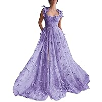 Basgute 3D Butterfly Tulle Prom Dresses for Teens Slit Long Lace Applique A Line Formal Evening Party Gown for Women