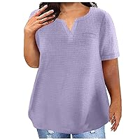 Plus Size Women Tops Short Sleeve Waffle Textured Notch V Neck Shirt Summer Tee Shirts Curved Hem Plain Solid Blouse