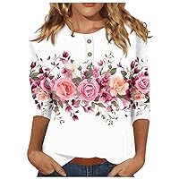 3/4 Length Sleeve Womens Tops Vintage Floral Graphic Tees Plus Size Summer Tops Casual Trendy Button Down Blouses
