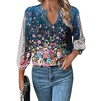 T Shirts for Women Loose Fit, Business Casual Tops 3/4 Sleeve V-Neck Top Lace Hollow T-Shirt, S XXXL
