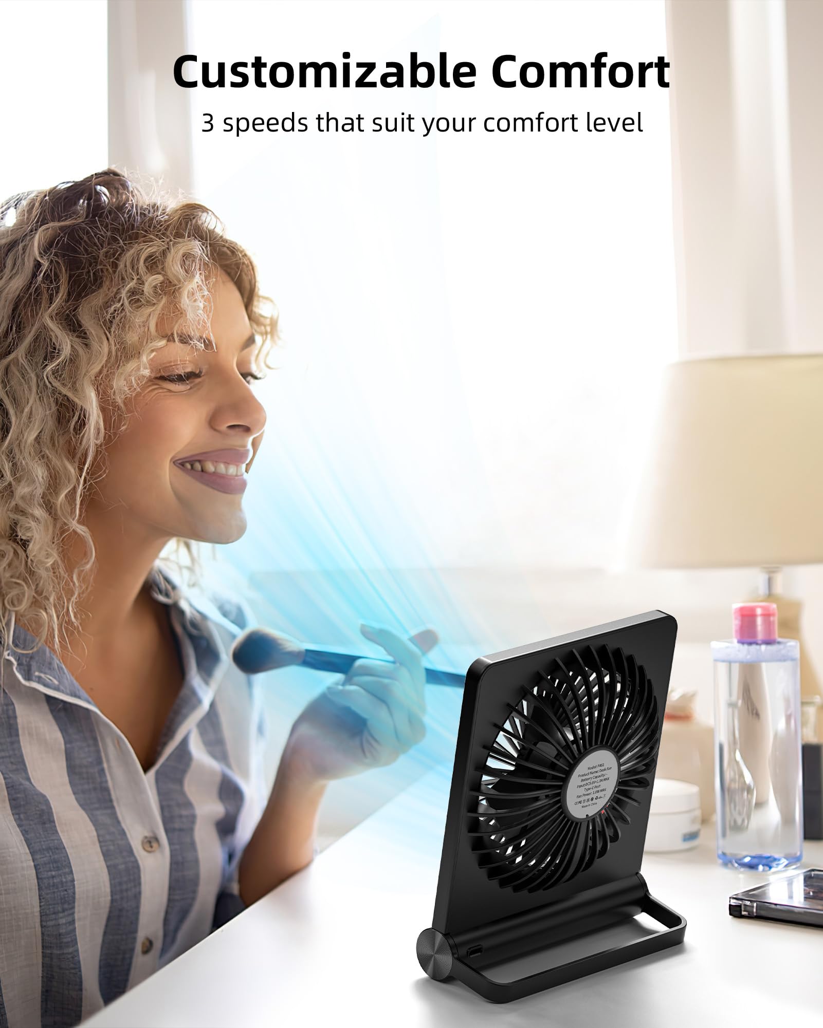 Koonie Portable Desk Fan, 3.5-20hrs Battery Operated Small USB Fan with Ultra Quiet 220° Tilt Folding, Rechargeable Personal Fan with 3 Speeds Strong Wind for Home Office Desktop, Black