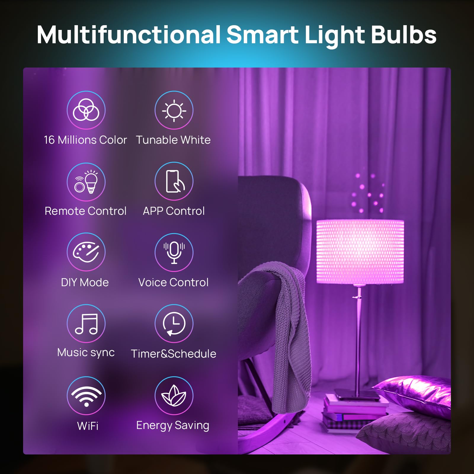 Consciot Smart Light Bulbs with Remote Control, LED Light Bulb That Works with Alexa & Google Home, Color Changing Light Bulb, A19 E26 2.4Ghz WiFi Light Bulbs 60 watt equivalent, 800lm Dimmable 6 Pack