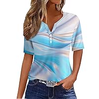 Button Down Shirts for Women Casual Print V-Neck Short Sleeve Decorative T-Shirt Top