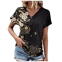 Todays Daily Deals Clearance 2024 Summer Tops for Women Trendy Vintage Floral Print Buttons Short Sleeve V Neck Blouse Tees Spring Dressy Casual Tunic Shirts Lightweight Holiday Workout Comfy T Shirt