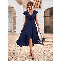 Women's Dress Solid Ruffle Trim Belted Wrap Dress (Color : Navy Blue, Size : X-Large)