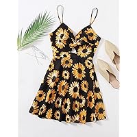 Summer Dresses for Women 2022 Twist Front Tie Back Sunflower Print Dress Dresses for Women